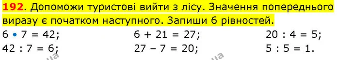 192. Допоможи туристові вийти з лісу. Значення попереднього виразу є початком наступного. Запиши 6 рівностей. — ГДЗ Математика 3 клас Козак 1-2 ч.