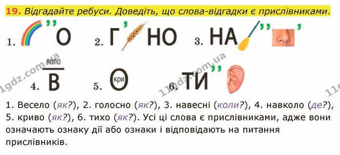 19. Відгадайте ребуси. Доведіть, що слова-відгадки є прислівниками. — ГДЗ Українська мова 5 клас Заболотний 2022