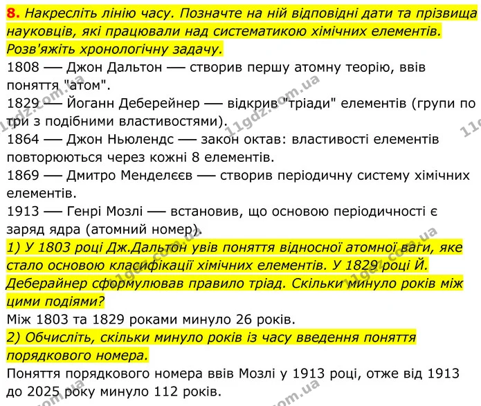8. Накресліть лінію часу. Позначте на ній відповідні дати та прізвища науковців, які працювали над систематикою хімічних елементів — ГДЗ Хімія 8 клас Мідак