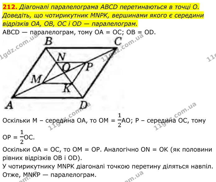 212. Діагоналі паралелограма ABCD перетинаються в точці О. Доведіть, що чотирикутник MNPK, вершинами якого є середини відрізків OA, OB — ГДЗ Геометрія 8 клас Бурда