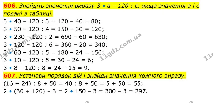 606. Знайдіть значення виразу 3 • а – 120 : с, якщо значення а і с подані в таблиці. — ГДЗ Математика 3 клас Бевз 2 частина