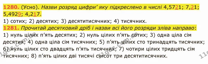 1280. (Усно). Назви розряд цифри’ яку підкреслено в числі 4,5721; 7,21; 5,4929; 4,217. — ГДЗ Математика 5 клас Істер 2022