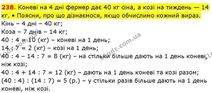 238. Коневі на 4 дні фермер дає 40 кг сіна, а козі на тиждень — 14 кг. • Поясни, про що дізнаємося, якщо обчислимо кожний вираз. — ГДЗ Математика 3 клас Козак 1-2 ч.