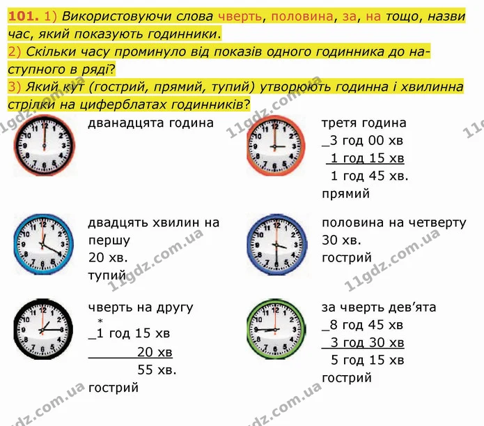 101. 1) Використовуючи слова чверть, половина, за, на тощо, назви час, який показують годинники. — ГДЗ Математика 4 клас Заїка