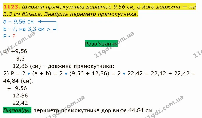 1123. Ширина прямокутника дорівнює 9,56 см, а його довжина — на 3,3 см більша. Знайдіть периметр прямокутника. — ГДЗ Математика 5 клас Тарасенкова 2022