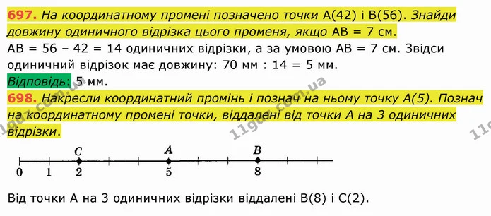 697. На координатному промені позначено точки А(42) і В(56). Знайди довжину одиничного відрізка цього променя, якщо АВ = 7 см. — ГДЗ Математика 5 клас Істер 2022