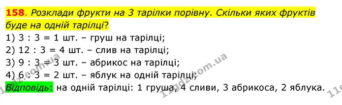 158. Розклади фрукти на 3 тарілки порівну. Скільки яких фруктів буде на одній тарілці? — ГДЗ Математика 3 клас Бевз 1 частина