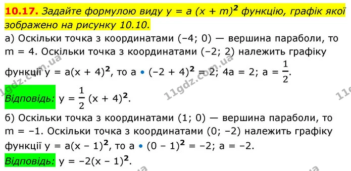 10.17. Задайте формулою виду y = a (x + m)2 функцію, графік якої — ГДЗ Алгебра 9 клас Мерзляк 2026