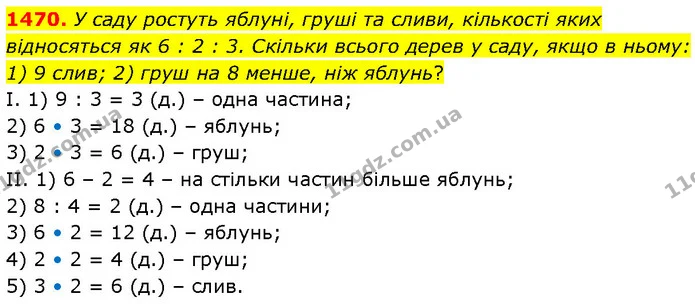 1470. У саду ростуть яблуні, груші та сливи, кількості яких відносяться як 6 : 2 : 3. Скільки всього дерев у саду, якщо в ньому: 1) 9 — ГДЗ Математика 6 клас Кравчук 2023