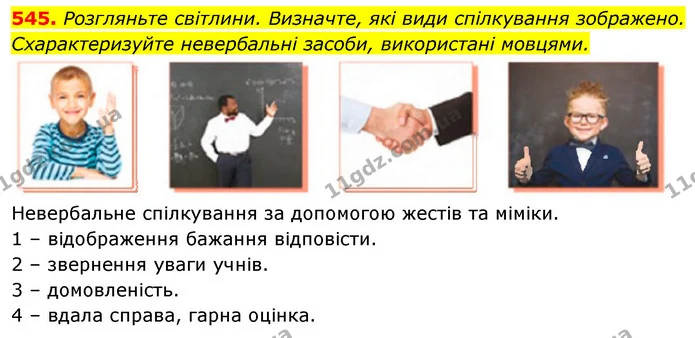 545. Розгляньте світлини. Визначте, які види спілкування зображено. Схарактеризуйте невербальні засоби, використані мовцями. — ГДЗ Українська мова 5 клас Голуб