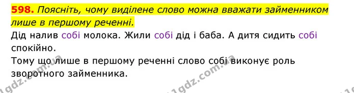 598. Поясніть, чому виділене слово можна вважати займенником лише в першому реченні. — ГДЗ Українська мова 6 клас Заболотний 2023
