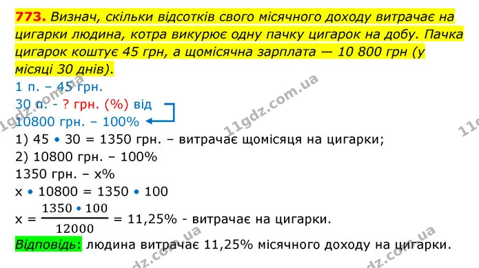 773. Визнач, скільки відсотків свого місячного доходу витрачає на цигарки людина, котра викурює одну пачку цигарок на добу. Пачка — ГДЗ Математика 6 клас Істер 2023 1-2 ч.