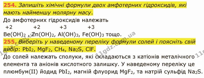 254. Запишіть хімічні формули двох амфотерних гідроксидів, які мають найменшу молярну масу. — ГДЗ Хімія 8 клас Попель