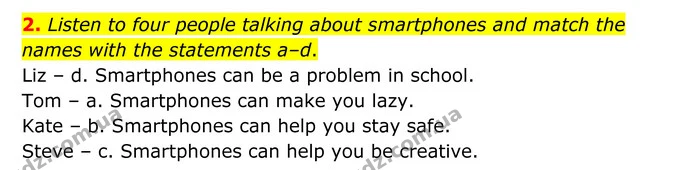 2. Listen to four people talking about smartphones and match the names with the statements a–d. — ГДЗ Англійська мова 8 клас Мітчелл