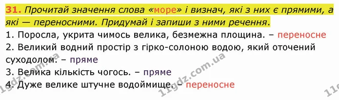 31. Прочитай значення слова «море» і визнач, які з них є прямими, а які — переносними. Придумай і запиши з ними речення. — ГДЗ Українська мова 5 клас Онатій