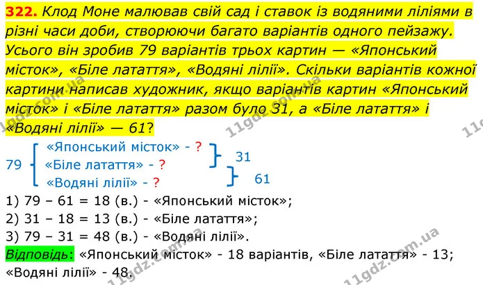 322. Клод Моне малював свій сад і ставок із водяними ліліями в різні часи доби, створюючи багато варіантів одного пейзажу. Усього він — ГДЗ Математика 5 клас Скворцова 2022