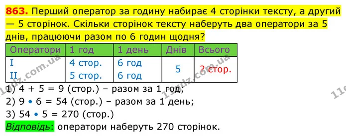863. Перший оператор за годину набирає 4 сторінки тексту, а другий — 5 сторінок. Скільки сторінок тексту наберуть два оператори за 5 — ГДЗ Математика 5 клас Кравчук