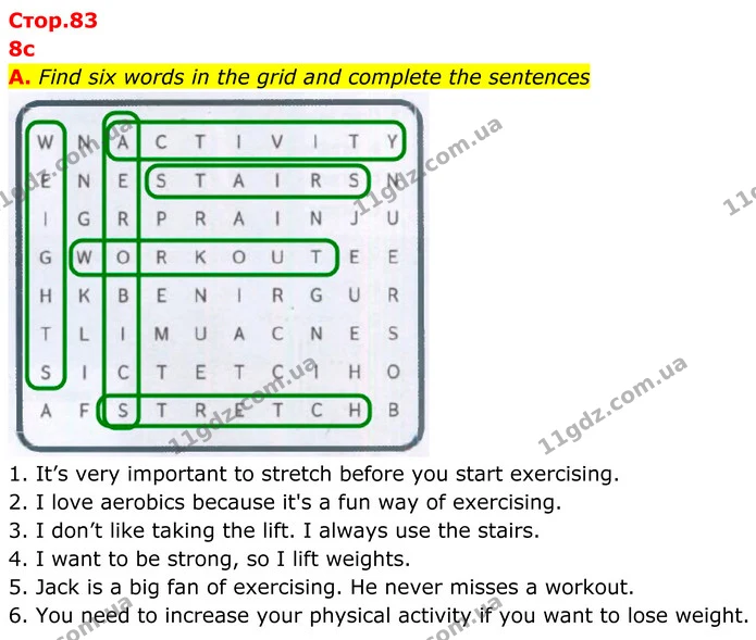 A. Find six words in the grid and complete the sentences — ГДЗ робочий зошит Англійська мова 7 клас Мітчелл