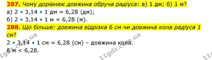 287. Чому дорівнює довжина обруча радіуса: а) 1 дм; б) 1 м? — ГДЗ Математика 6 клас Бевз 1-2 ч.