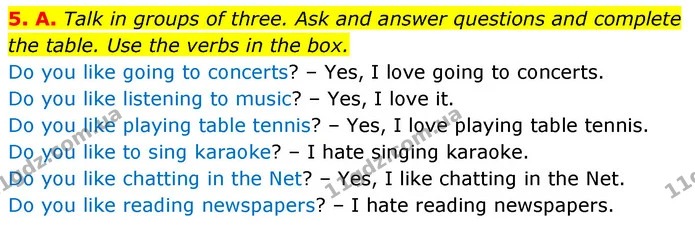 5. A. Talk in groups of three. Ask and answer questions and complete the table. Use the verbs in the box. — ГДЗ Англійська мова 6 клас Мітчелл