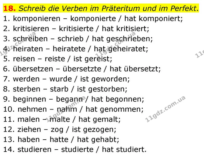 18. Schreib die Verben im Präteritum und im Perfekt. — ГДЗ робочий зошит Німецька мова 8 клас Басай