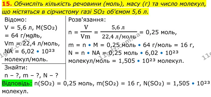 15. Обчисліть кількість речовини (моль), масу (г) та число молекул, що містяться в сірчистому газі SO₂ об'ємом 5,6 л. — ГДЗ Хімія 8 клас Мідак