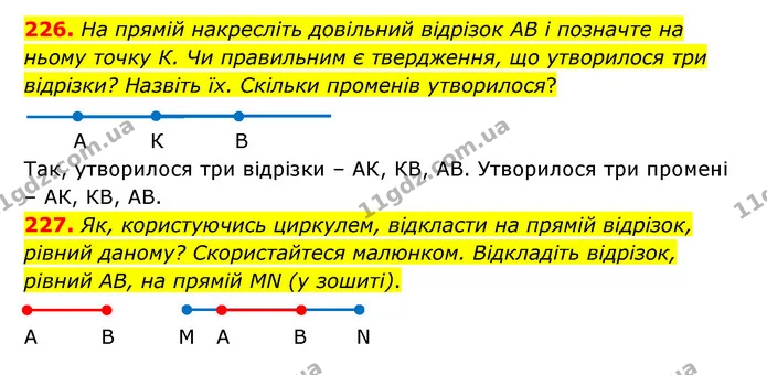 226. На прямій накресліть довільний відрізок AB і позначте на ньому точку К. Чи правильним є твердження, що утворилося три відрізки? — ГДЗ Математика 5 клас Бевз