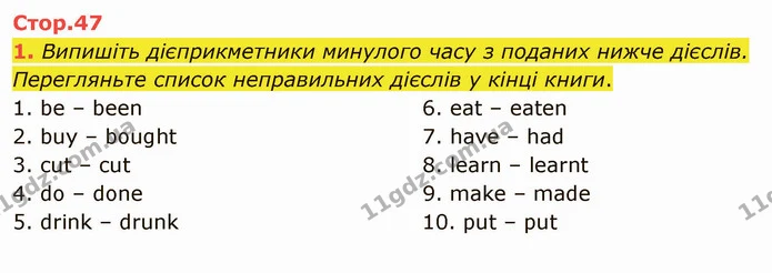 1. Випишіть дієприкметники минулого часу з поданих нижче дієслів. Перегляньте список неправильних дієслів у кінці книги. — ГДЗ Англійська мова 5 клас Карпюк 2022