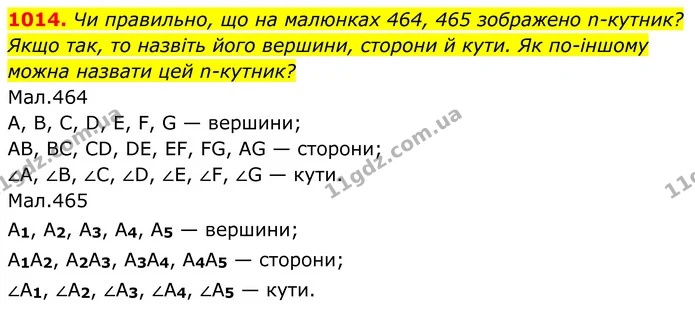 1014. Чи правильно, що на малюнках 464, 465 зображено n-кутник? Якщо так, то назвіть його вершини, сторони й кути. Як по-іншому можна — ГДЗ Геометрія 8 клас Бурда