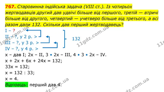 767. Старовинна індійська задача (VIII ст.). Із чотирьох жертводавців другий дав удвічі більше від першого, третій — втричі більше від — ГДЗ Математика 5 клас Бевз