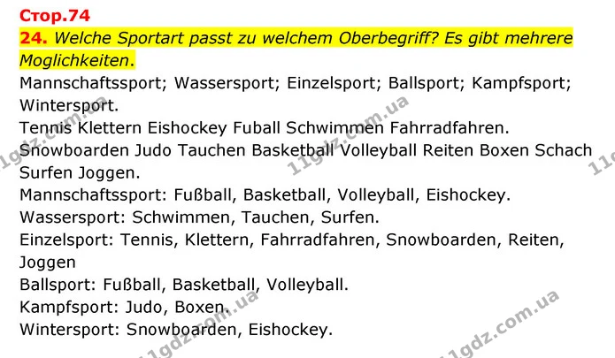 24. Welche Sportart passt zu welchem Oberbegriff? Es gibt mehrere Moglichkeiten. — ГДЗ Німецька мова 6 клас Басай (2023)