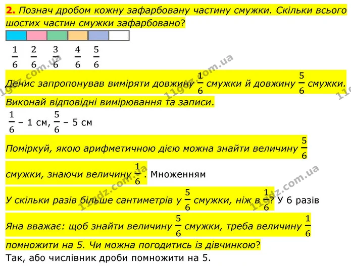 2. Познач дробом кожну зафарбовану частину смужки. Скільки всього шостих частин смужки зафарбовано? — ГДЗ Математика 4 клас Скворцова