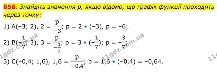 858. Знайдіть значення p, якщо відомо, що графік функції проходить через точку: — ГДЗ Алгебра 8 клас Мерзляк
