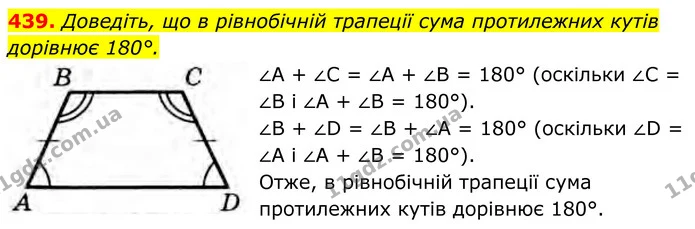 439. Доведіть, що в рівнобічній трапеції сума протилежних кутів дорівнює 180°. — ГДЗ Геометрія 8 клас Бурда