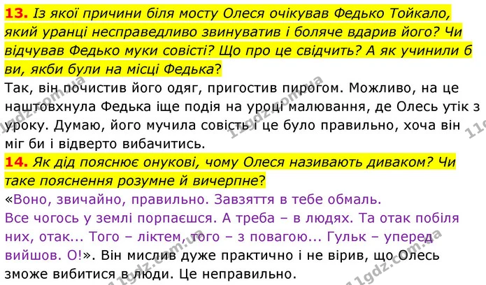 13. Із якої причини біля мосту Олеся очікував Федько Тойкало, який уранці несправедливо звинуватив і боляче вдарив його? Чи відчував — ГДЗ Українська література 5 клас Заболотний