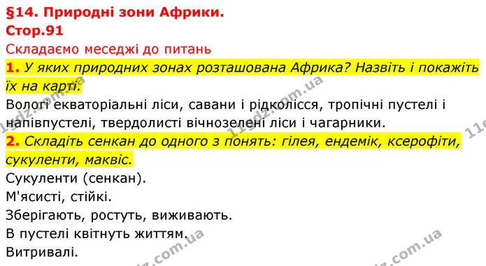 1. У яких природних зонах розташована Африка? Назвіть і покажіть їх на карті. — ГДЗ Географія 7 клас Безуглий