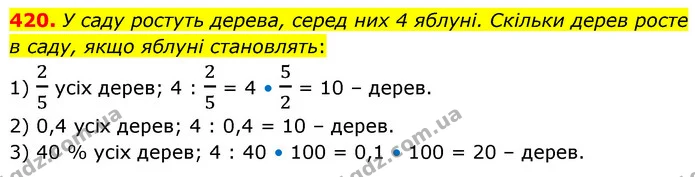 420. У саду ростуть дерева, серед них 4 яблуні. Скільки дерев росте в саду, якщо яблуні становлять: — ГДЗ Математика 6 клас Кравчук 2023