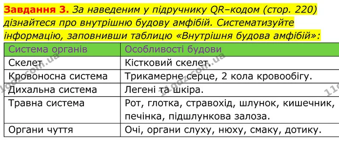 3. За наведеним у підручнику QR–кодом (стор. 220) дізнайтеся про внутрішню будову амфібій. Систематизуйте інформацію, заповнивши — ГДЗ Робочий зошит Біологія 7 клас Мирна 2024