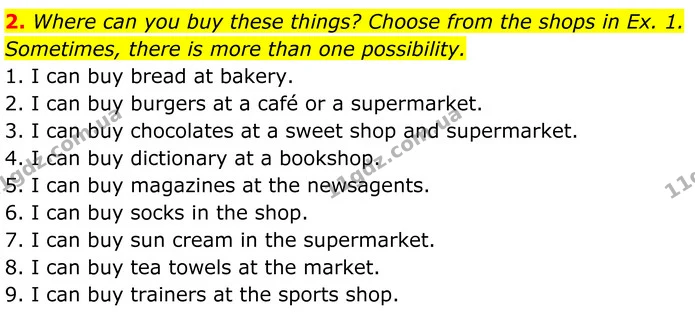 2. Where can you buy these things? Choose from the shops in Ex. 1. Sometimes, there is more than one possibility. — ГДЗ Англійська мова 7 клас Коста