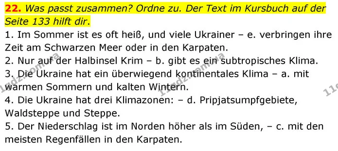 22. Was passt zusammen? Ordne zu. Der Text im Kursbuch auf der Seite 133 hilft dir. — ГДЗ робочий зошит Німецька мова 8 клас Басай