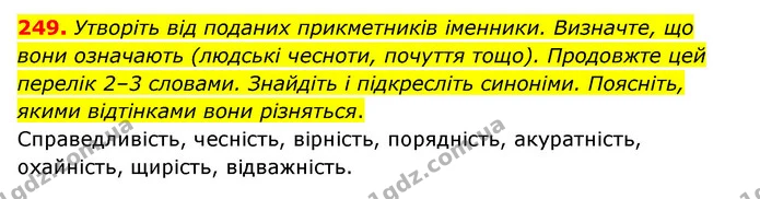249. Утворіть від поданих прикметників іменники. Визначте, що вони означають (людські чесноти, почуття тощо). Продовжте цей перелік 2–3 — ГДЗ Українська мова 6 клас Голуб 2023