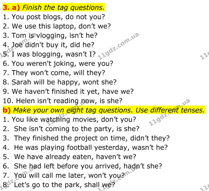 3. a) Finish the tag questions. — ГДЗ Англійська мова 8 клас Карпюк 2025
