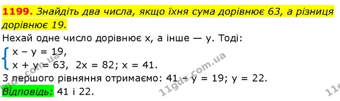 1199. Знайдіть два числа, якщо їхня сума дорівнює 63, а різниця — Алгебра 7 клас Мерзляк 2024