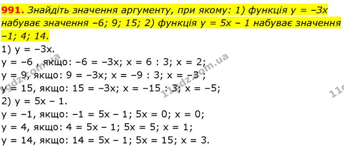 991. Знайдіть значення аргументу, при якому: 1) функція у = –Зх набуває значення –6; 9; 15; 2) функція у = 5х – 1 набуває значення –1 — ГДЗ Алгебра 7 клас Істер 2024