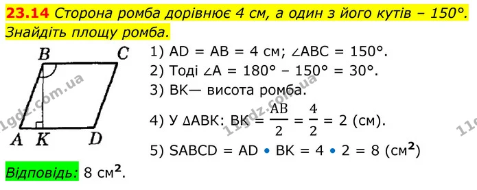 23.14 Сторона ромба дорівнює 4 см, а один з його кутів – 150°. — ГДЗ Геометрія 8 клас Істер
