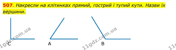507. Накресли на клітинках прямий, гострий і тупий кути. Назви їх вершини. — ГДЗ Математика 3 клас Бевз 1 частина