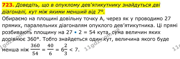 723. Доведіть, що в опуклому дев’ятикутнику знайдуться дві діагоналі, кут між якими менший від 7°. — ГДЗ Геометрія 8 клас Мерзляк