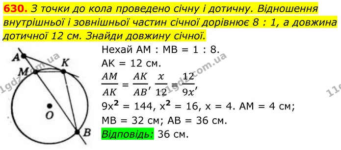 630. З точки до кола проведено січну і дотичну. Відношення внутрішньої і зовнішньої частин січної дорівнює 8 : 1, а довжина дотичної 12 — ГДЗ Геометрія 8 клас Бевз