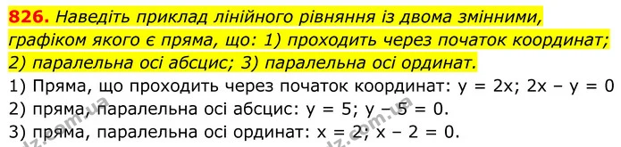 826. Наведіть приклад лінійного рівняння із двома змінними, графіком якого є пряма, що: 1) проходить через початок координат; 2) — ГДЗ Алгебра 7 клас Тарасенкова 2024