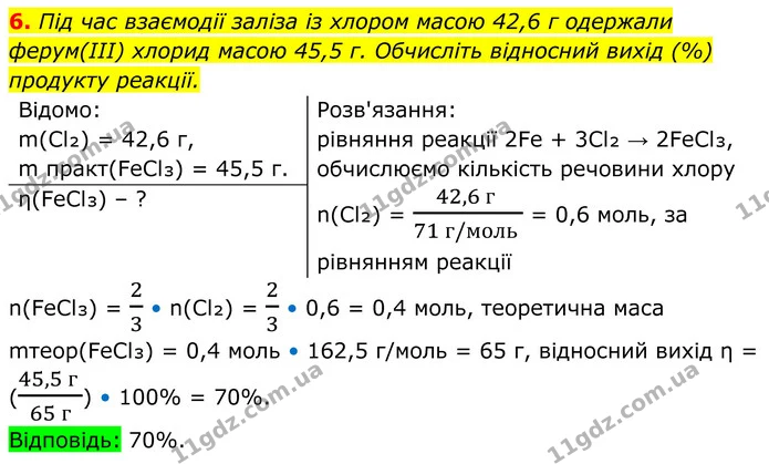 6. Під час взаємодії заліза із хлором масою 42,6 г одержали ферум(ІІІ) хлорид масою 45,5 г. Обчисліть відносний вихід (%) продукту — ГДЗ Хімія 8 клас Мідак